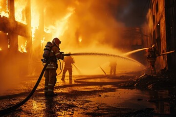 Heroes at Work: Firefighters Brave the Danger, Extinguishing a Fierce Fire Within a Building, Demonstrating Teamwork, Bravery, and Their Role as Peacekeepers in Times of Crisis.




