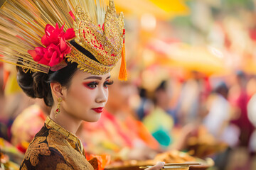 A Balinese dancer in a traditional costume with an ornate golden headdress and a red flower. - obrazy, fototapety, plakaty