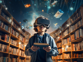 A boy using VR headset simulators for studying. Child is wearing virtual reality glasses sitting at desk with tablet in a library. Future learning concept