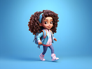 Happy African child, girl is going to school, classroom, cartoon. education, first year, globalization, immigration, sustainability college concept