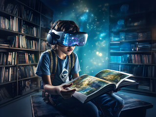 A boy using VR headset simulators for studying. Child is wearing virtual reality glasses sitting at desk with tablet in a library. Future learning concept