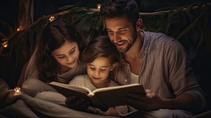 Obraz na płótnie Canvas Family Reading Book Together in Bed, World Book Day