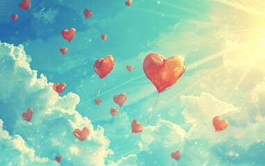 floating hearts in the sky, with a light and playful style. Suitable for use on a love-themed web page for Valentine's Day