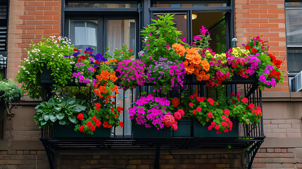 Fototapeta na wymiar Plantas em vasos e flores enfeitam as varandas apertadas de prédios de apartamentos altos oferecendo um toque de cor em meio à selva de concreto