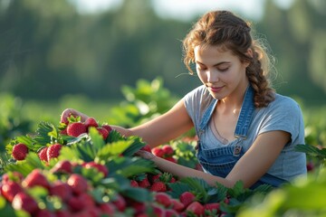 woman farm worker hand harvesting red ripe strawberry in garden