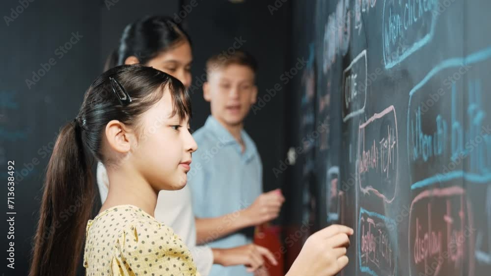 Aufkleber multicultural smart student writing engineering code with site view. diverse children planning creat