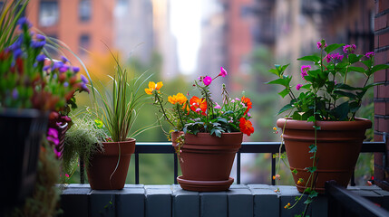 Fototapeta na wymiar Plantas em vasos enfeitam a beirada de uma aconchegante sacada da cidade acrescentando um toque de verde à paisagem urbana
