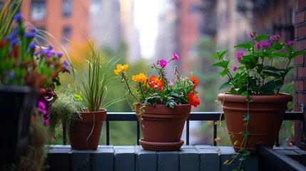 Fotobehang Plantas em vasos enfeitam a beirada de uma aconchegante sacada da cidade acrescentando um toque de verde à paisagem urbana © Alexandre