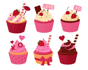 Set of different cupcakes for Valentine's Day on white background