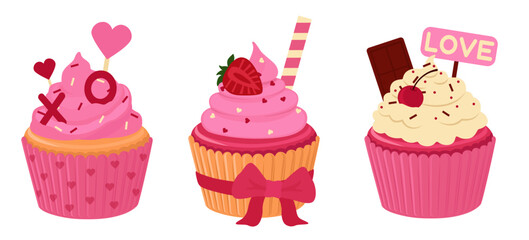 Set of tasty cupcakes for Valentine's Day on white background