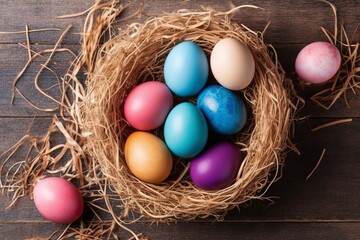 Fototapeta na wymiar Colorful easter eggs in nest on wooden background, top view