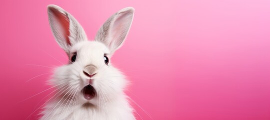 Surprised looking white rabbit Against a Vibrant Pink Background