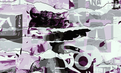 Collage  - Szaro - fioletowo - czarna grafika z przetarciami, odważna i młodzieżowa