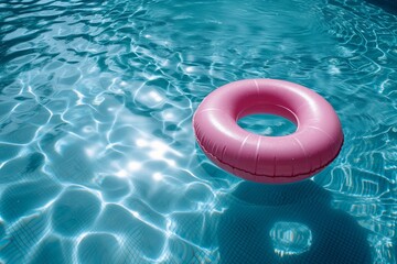 Pink Inflatable Swimming Ring Floating in Clear Blue Pool Water