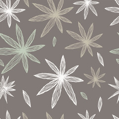 Fototapeta premium Leaves and flowers. Hand-drawn graphics. Seamless patterns for fabric and packaging design.