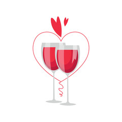 Glasses of wine and hearts on white background. Valentine's Day celebration