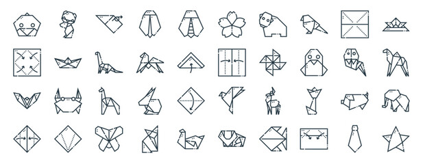 linear pack of origami line icons. linear vector icons set such as panda, cherry blossom, fold, bat, fold, star. vector illustration.