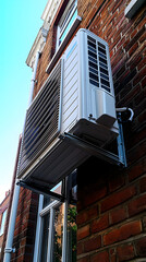 Modern heat pump on the side of a brick building