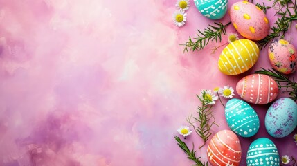 Fototapeta na wymiar Easter background with colorful egg decorations and ample copy space for text