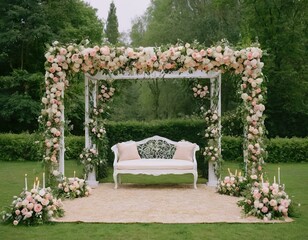 Beautiful romantic festive place made with wooden square and floral roses decorations for outside wedding ceremony in green park. Wedding settings at scenic place