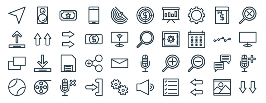 linear pack of marketing business line icons. linear vector icons set such as sounds, target, magnifying glass, copy, ball, download. vector illustration.