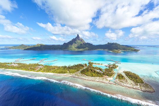 Aerial view of Bora Bora island with luxury resort, French Polynesia