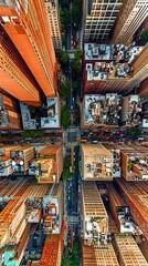 An aerial view of a city from the top. 