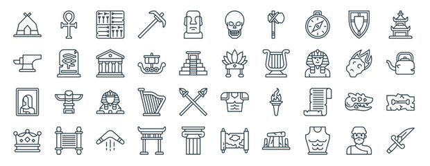linear pack of history line icons. linear vector icons set such as ankh, skull, indian, mona lisa, crown, dagger. vector illustration.