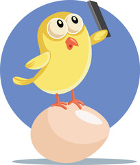 Little Chick Sitting on Egg Taking Selfies Vector Character. Funny humorous chicken and its family taking pictures together 
