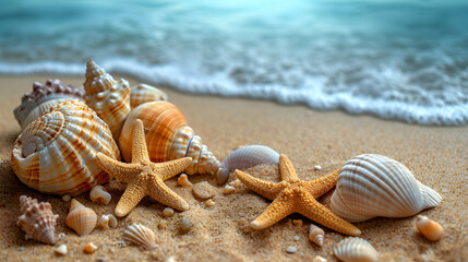 Fototapeta na wymiar Top view of a sandy beach with exotic seashells and starfish