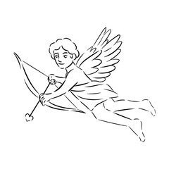 Drawn Cupid with bow and arrow on white background