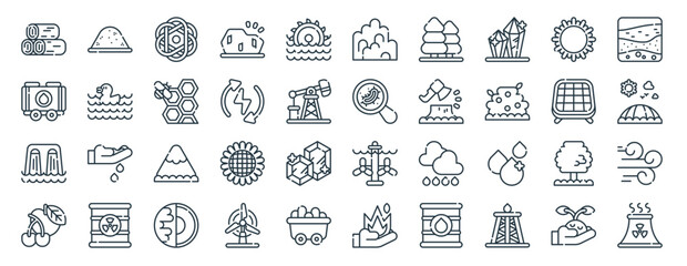 linear pack of natural resources line icons. linear vector icons set such as sand, rock, bacteria, hydro power, fruits, nuclear plant. vector illustration. - obrazy, fototapety, plakaty