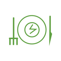 Green cutlery with plate and energy symbol on white background