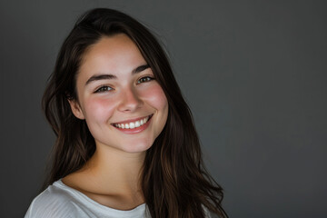 Obraz premium A woman with long brown hair is smiling and wearing a white shirt