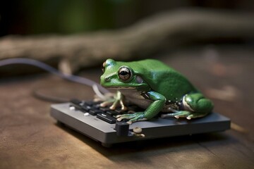 A technologically advanced frog engaged in coding activities. Generative AI
