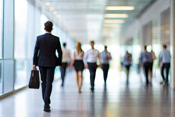 Fototapeta premium Dynamic office scenes in motion blur, embodying the modern work environment with bustling professionals, conveying energy and productivity.