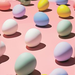 A group of pastel eggs on a pink background.