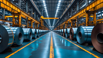 Rolls of galvanized steel sheet inside the factory  