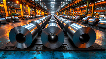 Rolls of galvanized steel sheet inside the factory   - obrazy, fototapety, plakaty