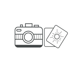 Photo camera and pictures on white background