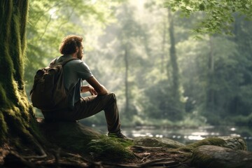 Fototapeta na wymiar Riverside Serenity: Capture the Quiet Beauty of a Man in Silent Contemplation by the Forest River, Embracing Nature's Meditation and Finding Tranquility in the Wilderness.