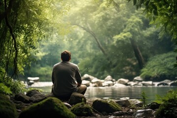 Riverside Serenity: Capture the Quiet Beauty of a Man in Silent Contemplation by the Forest River, Embracing Nature's Meditation and Finding Tranquility in the Wilderness.