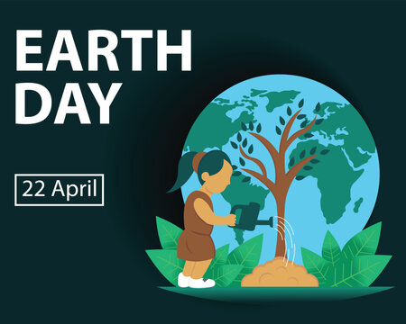illustration vector graphic of a girl watering a tree, showing the planet earth, perfect for international day, earth day, celebrate, greeting card, etc.
