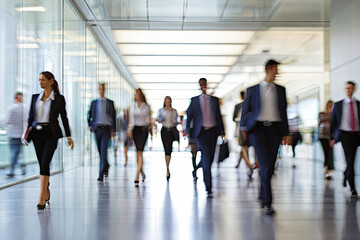 Dynamic office scenes in motion blur, embodying the modern work environment with bustling professionals, conveying energy and productivity.