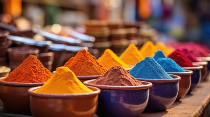 Aromatic Spice Haven: Explore the Exotic Array of Spices in an Indian Market, Where Colorful Stalls Showcase Locally-sourced Flavors, Creating a Culinary Adventure for the Senses. - obrazy, fototapety, plakaty