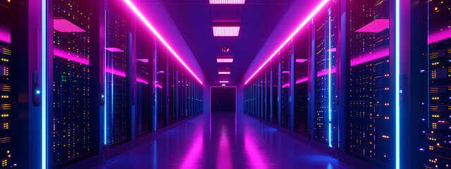 the data center with purple lights on the ceiling - obrazy, fototapety, plakaty