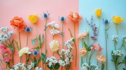 Arrangement of spring flowers against a pastel colors background. Blooming concept. Flat lay.