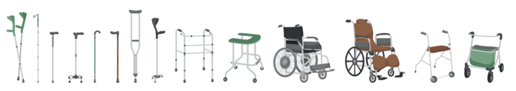 Group of walking aids on white background