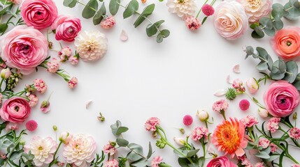 Floral border of pink and orange ranunculus, hyacinth and eucalyptus on a white background. Top view