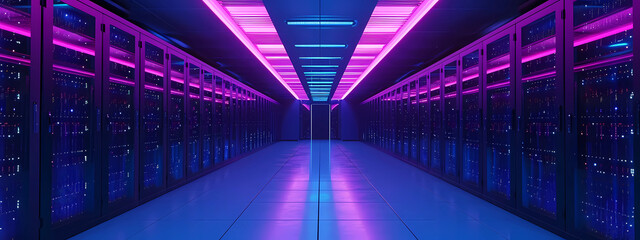 the data center with purple lights on the ceiling